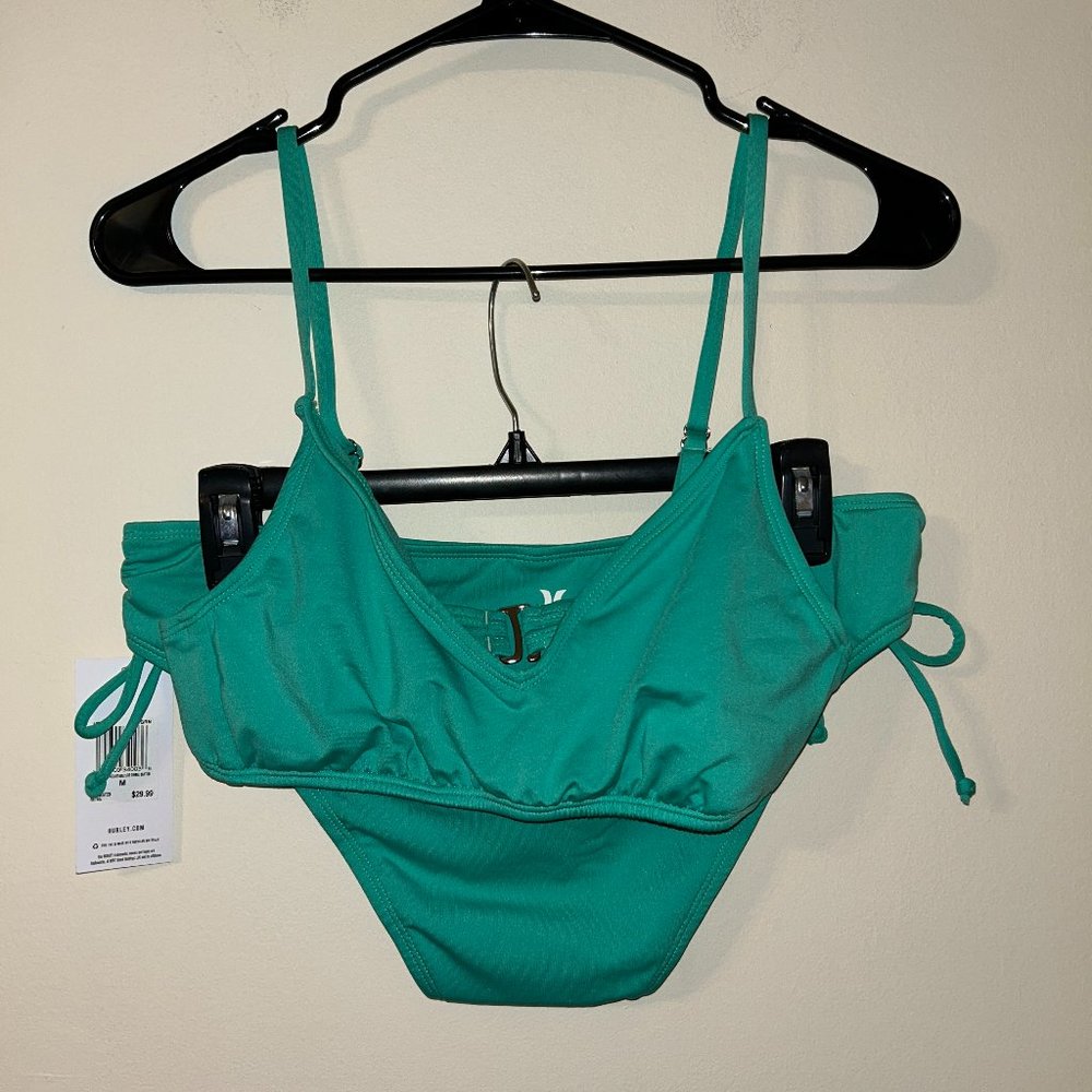 Hurley Green Optimism V-Neck Bikini Top & Ruched Side-Tie Bottoms Sz M